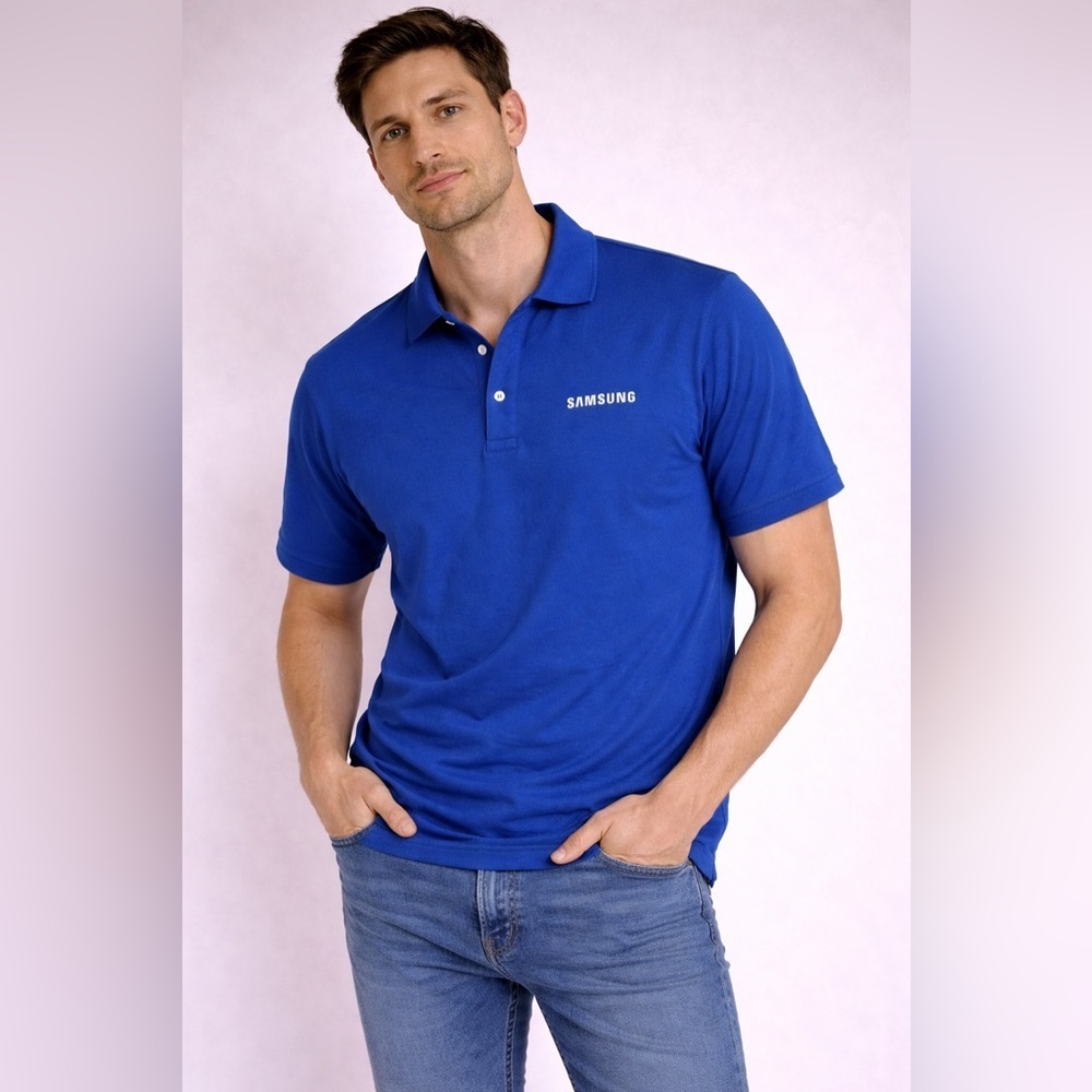 Samsung Blue Polo Shirt Men’s Size L Corporate Logo Short Sleeve